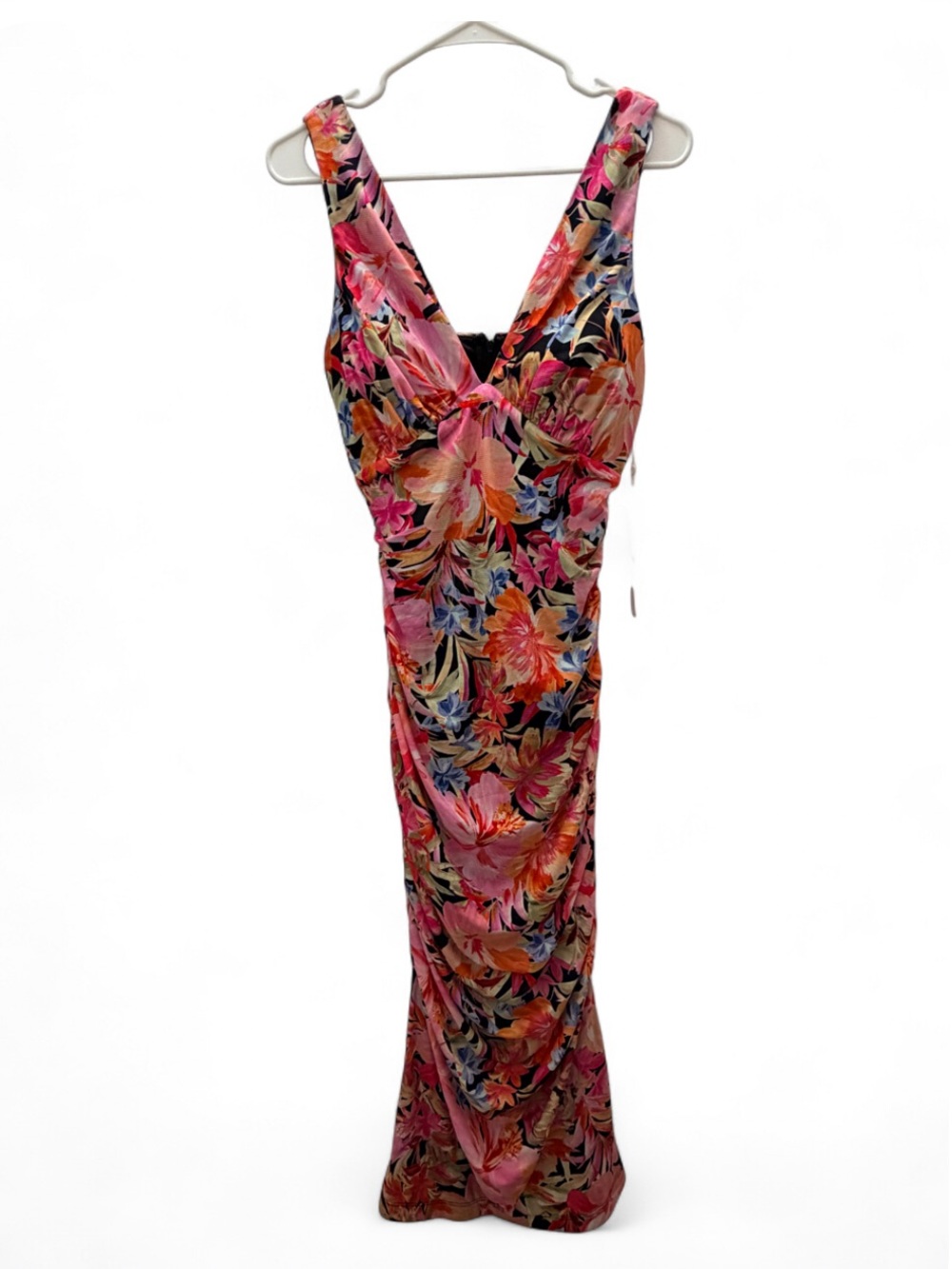 Siena Mesh Print Midi Dress Size 6 Womens Floral Pink Ruched Bodycon V-Neck